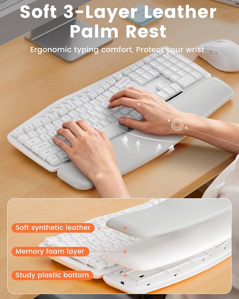 SABLUTE White Wireless Keyboard and Mouse Combo for MacBook & Windows, 30dB Quiet Ergonomic Keyboard Set with Wave Keys & Soft Palm Rest, Silent Typing, Dual-System Switch, Ideal for Home Office— - Image 2
